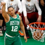 Boston Celtics forward Grant Williams scores during the second half in Game 7 of the NBA basketball Eastern Conference finals against the Miami Heat Monday, May 29, 2023, in Boston.