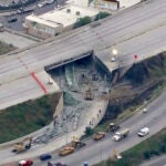 The collapsed section of I-95 as crews continue to work on the scene in Philadelphia.