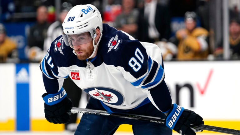 Winnipeg Jets left wing Pierre-Luc Dubois (80) plays during Game 2 of an NHL hockey Stanley Cup first-round playoff series against the Vegas Golden Knights Thursday, April 20, 2023, in Las Vegas.