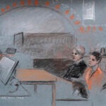 In this artist depiction, Massachusetts Air National Guardsman Jack Teixeira, seated second from right, appears in U.S. District Court, in Boston.