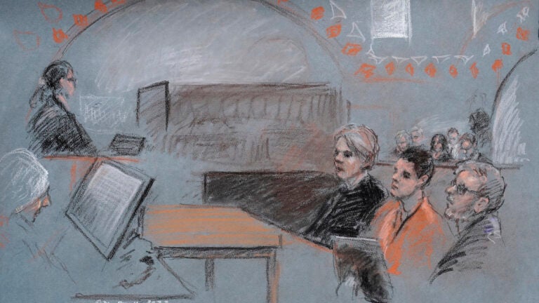 In this artist depiction, Massachusetts Air National Guardsman Jack Teixeira, seated second from right, appears in U.S. District Court, in Boston.