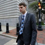 Nathan Carman departs federal court, Wednesday, Aug. 21, 2019, in Providence, Rhode Island.