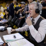 Mike Breen, NBA play-by-play sports commentator for ABC, prepares for Game 1 of the 2022 NBA Finals.