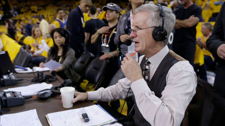 Mike Breen, NBA play-by-play sports commentator for ABC, prepares for Game 1 of the 2022 NBA Finals.