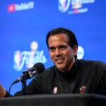Miami Heat head coach Erik Spoelstra speaks to reporters after Game 2 of basketball's NBA Finals.