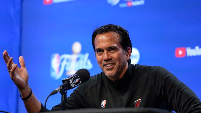 Miami Heat head coach Erik Spoelstra speaks to reporters after Game 2 of basketball's NBA Finals.