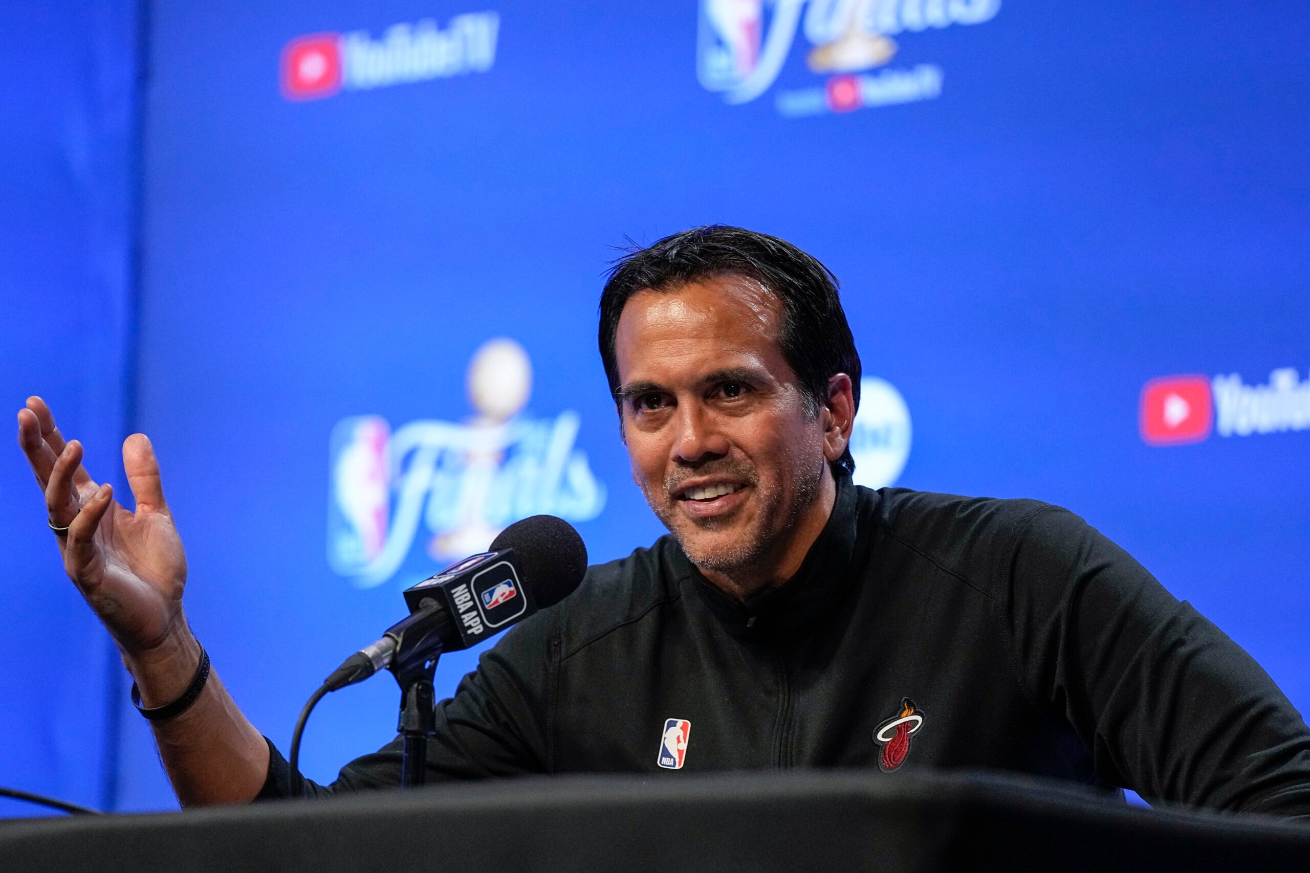 Miami Heat head coach Erik Spoelstra speaks to reporters after Game 2 of basketball's NBA Finals.