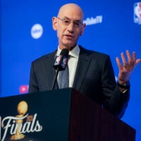 NBA Commissioner Adam Silver speaks to reporters before Game 1 of basketball's NBA Finals between the Denver Nuggets and the Miami Heat.