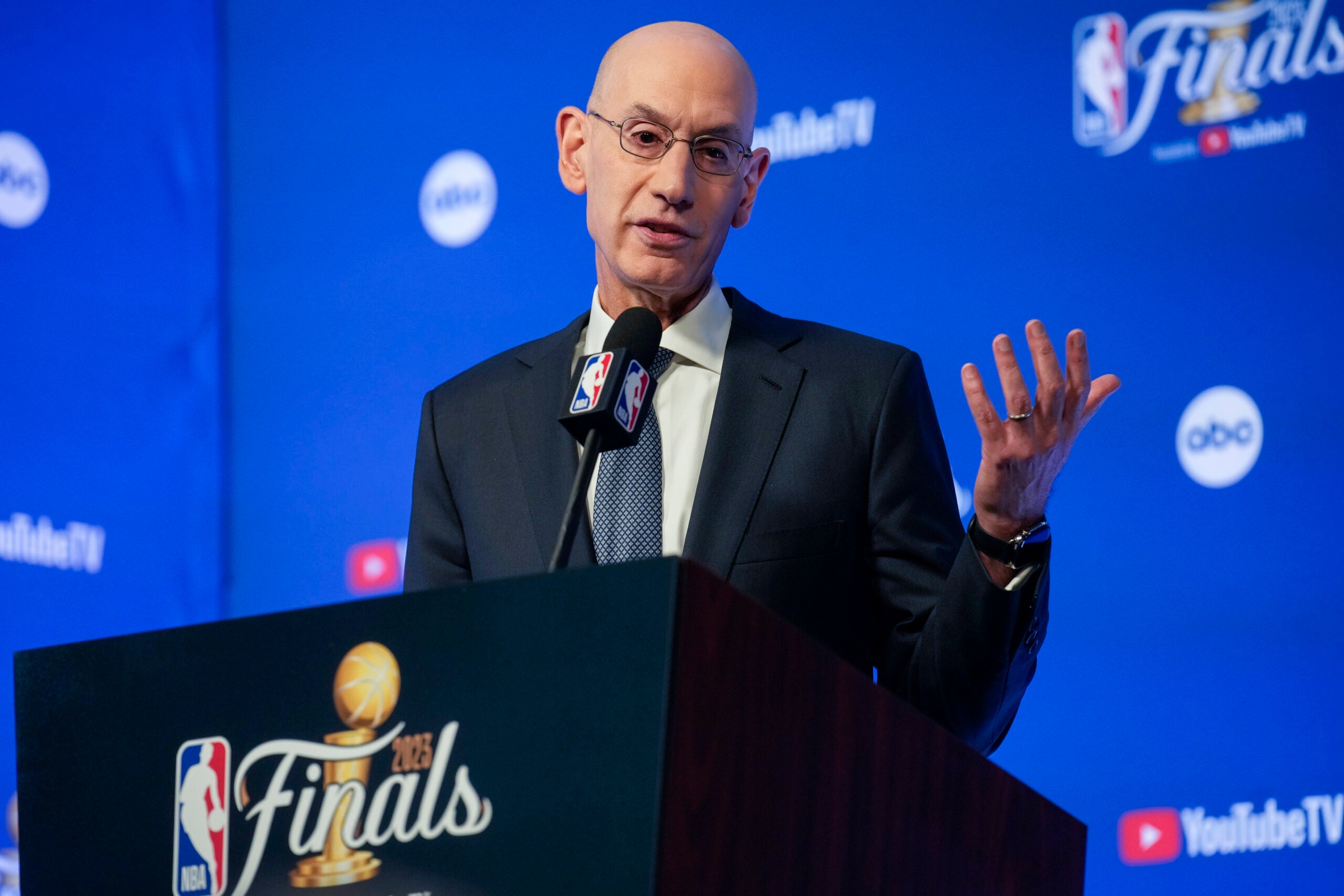 NBA Commissioner Adam Silver speaks to reporters before Game 1 of basketball's NBA Finals between the Denver Nuggets and the Miami Heat.