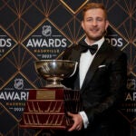 Boston Bruins hockey player Linus Ullmark poses after winning the William M. Jennings Trophy at the NHL Awards, Monday, June 26, 2023, in Nashville, Tenn.