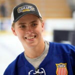 NHL draft prospect Will Smith skates during a youth hockey clinic with NHL top draft prospects and members of the NHL Player Inclusion Coalition, Tuesday, June 27, 2023, in Nashville, Tenn.