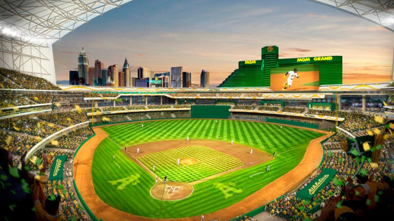 This rendering provided by the Oakland A's on May 26, 2023, shows a view of their proposed new ballpark at the Tropicana site in Las Vegas.