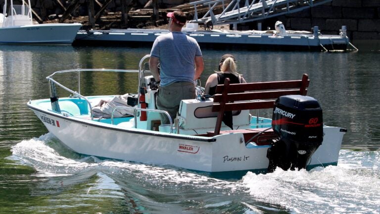 A Boston Whaler navigated through Lobster Cove in Gloucester on May 27.
