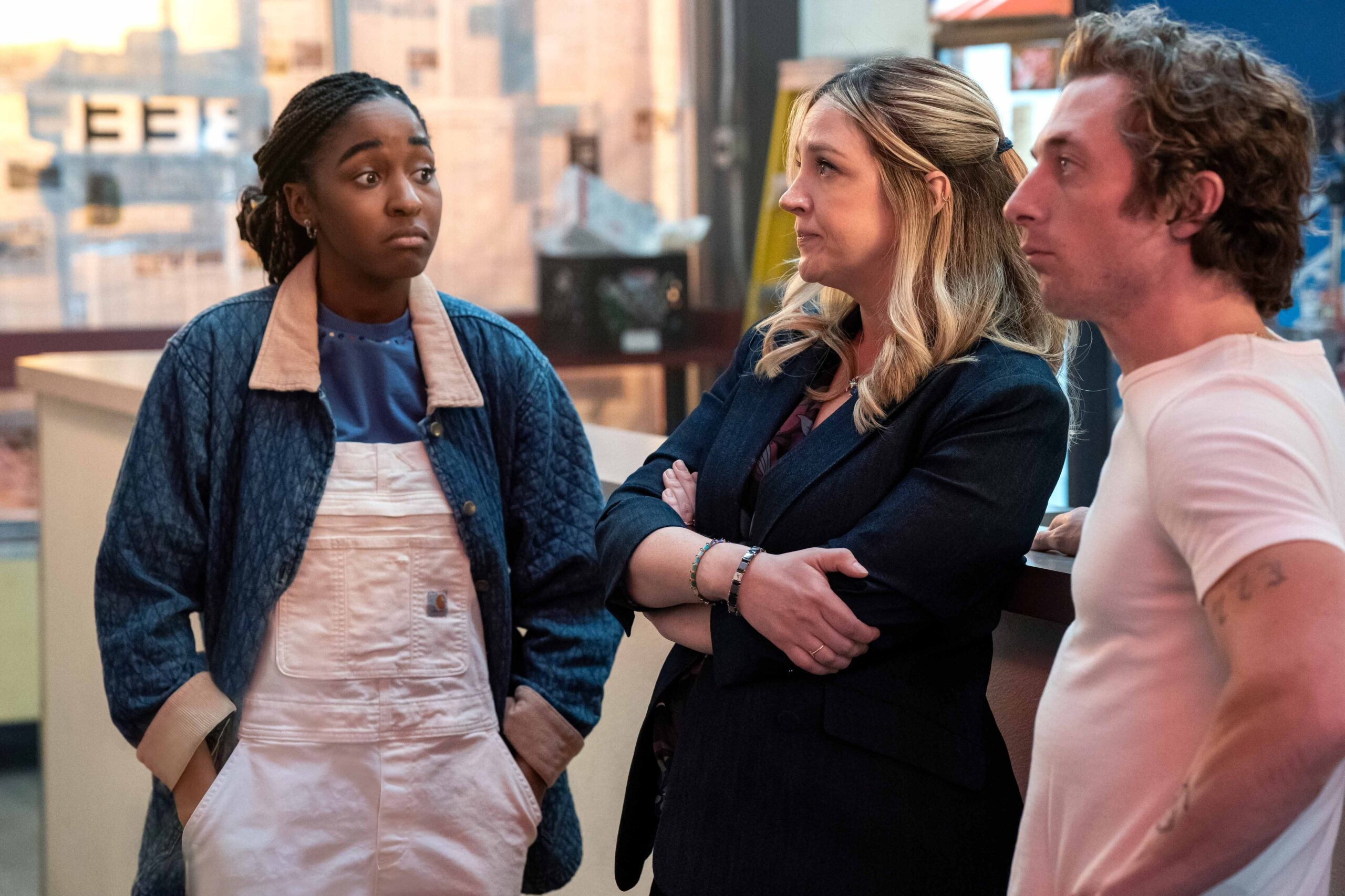 From left: Ayo Edebiri, Abby Elliot, and Jeremy Allen White in season two of "The Bear."