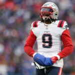 New England Patriots linebacker Matthew Judon (9) looks on during the first half of an NFL football game against the Buffalo Bills on Sunday, Jan. 8, 2023, in Orchard Park, N.Y.