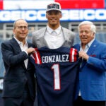 New England Patriots team president Jonathan Kraft, left, first-round pick, cornerback Christian Gonzalez, center, and team owner Robert Kraft, right, hold a team jersey as Gonzalez is introduced to the media at Gillette Stadium, Friday April 28, 2021, in Foxboro, Mass.