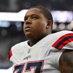 New England Patriots offensive tackle Trent Brown before an NFL football game between the New England Patriots and Las Vegas Raiders, Sunday, Dec. 18, 2022, in Las Vegas.