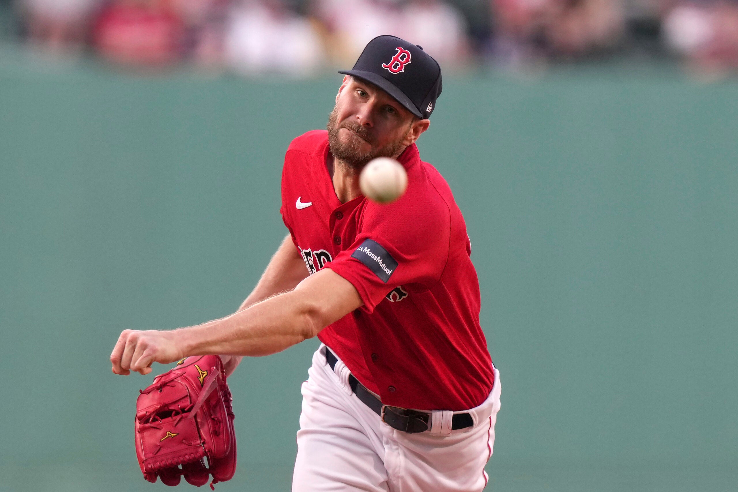 Red Sox pitcher Chris Sale delivering a pitch.