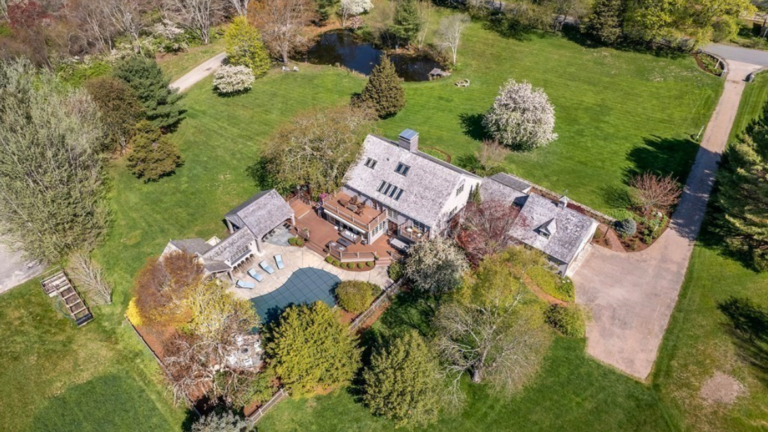 Aerial shot of 45 Doten Road, which sits on a 2.07-acre lot and includes an in-ground swimming pool.