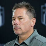 Vegas Golden Knights head coach Bruce Cassidy listens during a news conference ahead of the NHL Stanley Cup hockey final Friday, June 2, 2023, in Las Vegas.