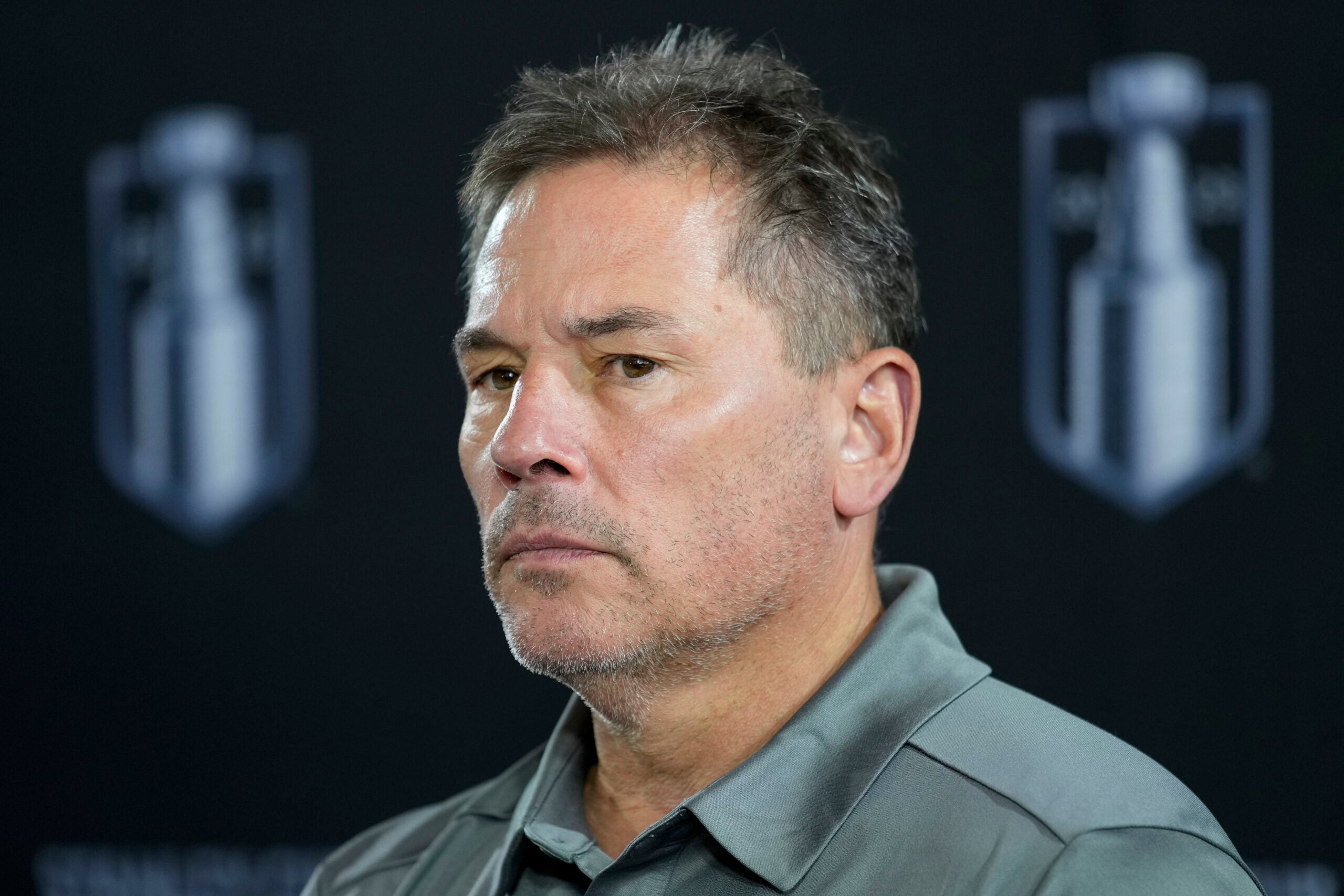 Vegas Golden Knights head coach Bruce Cassidy listens during a news conference ahead of the NHL Stanley Cup hockey final Friday, June 2, 2023, in Las Vegas.