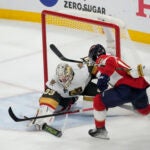 Vegas Golden Knights goaltender Adin Hill (33) defends the net from a shot by Florida Panthers left wing Anthony Duclair (10) during the second period of Game 3 of the NHL hockey Stanley Cup Final.