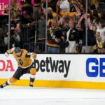 Vegas Golden Knights right wing Jonathan Marchessault (81) celebrates his goal against the Florida Panthers during the first period of Game 2 of the NHL hockey Stanley Cup Finals.