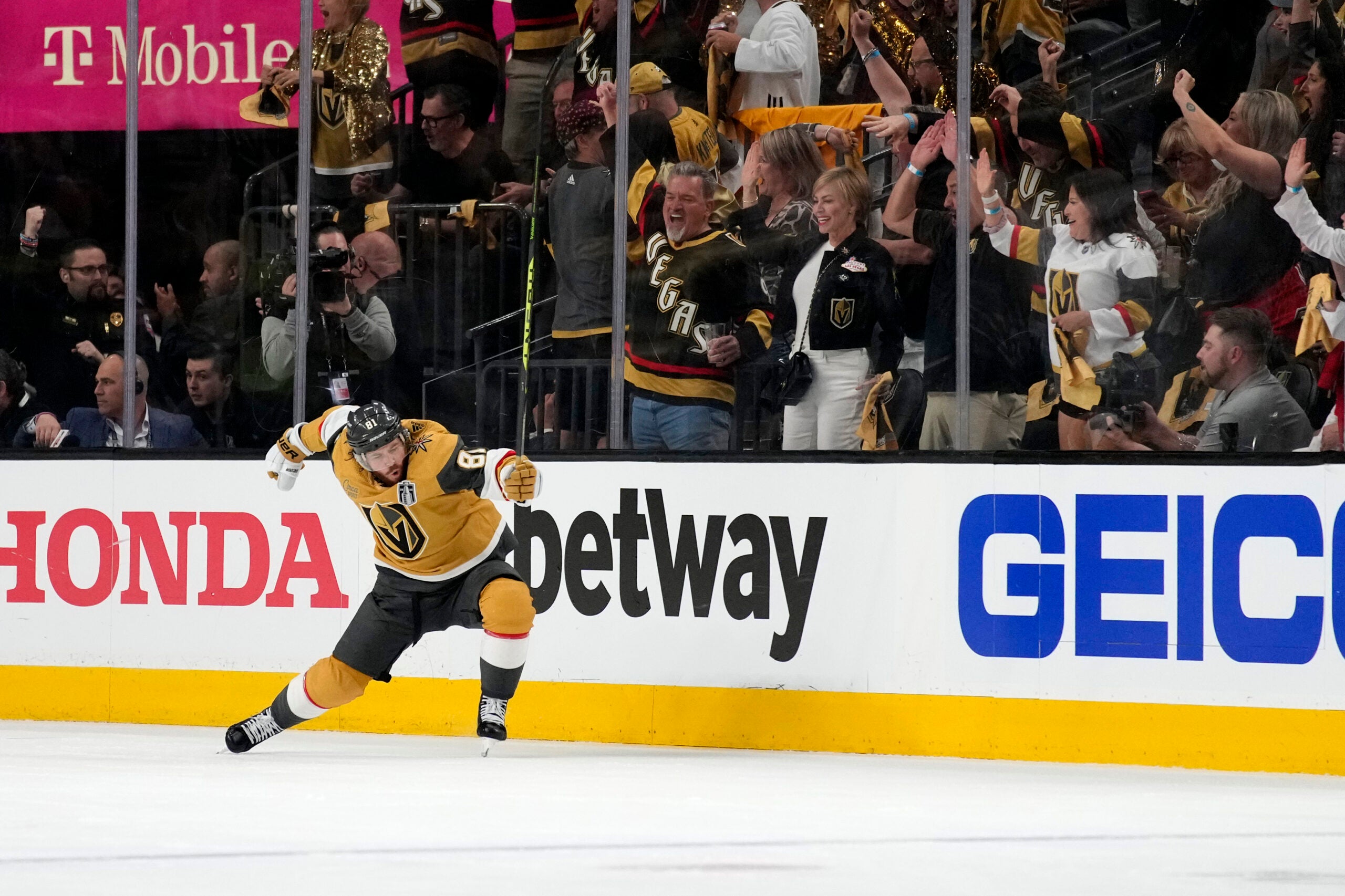Vegas Golden Knights right wing Jonathan Marchessault (81) celebrates his goal against the Florida Panthers during the first period of Game 2 of the NHL hockey Stanley Cup Finals.