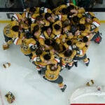 Members of the Vegas Golden Knights celebrate after they defeated the Florida Panthers 9-3 to win the Stanley Cup in Game 5 of the NHL hockey Stanley Cup Finals Tuesday, June 13, 2023, in Las Vegas.