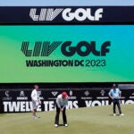 Former President Donald Trump plays during the LIV Golf Pro-Am at Trump National Golf Club.