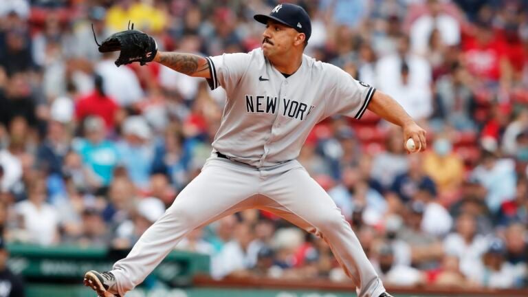 New York Yankees' Nestor Cortes pitches during the first inning of a baseball game against the Boston Red Sox, Saturday, Sept. 25, 2021, in Boston.