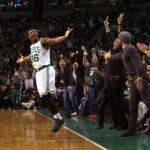 Boston Celtics guard Marcus Smart (36), brought the fans to their feet after he drained a three to bring the Celtics within two points (82-84) of the Atlanta Hawks.