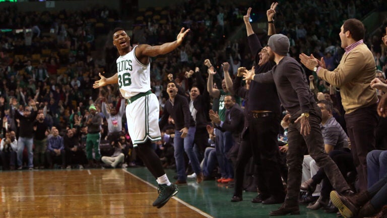 Boston Celtics guard Marcus Smart (36), brought the fans to their feet after he drained a three to bring the Celtics within two points (82-84) of the Atlanta Hawks.