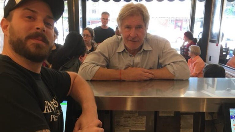 Harrison Ford at Antonio's Pizza in Amherst, Mass. in 2018.
