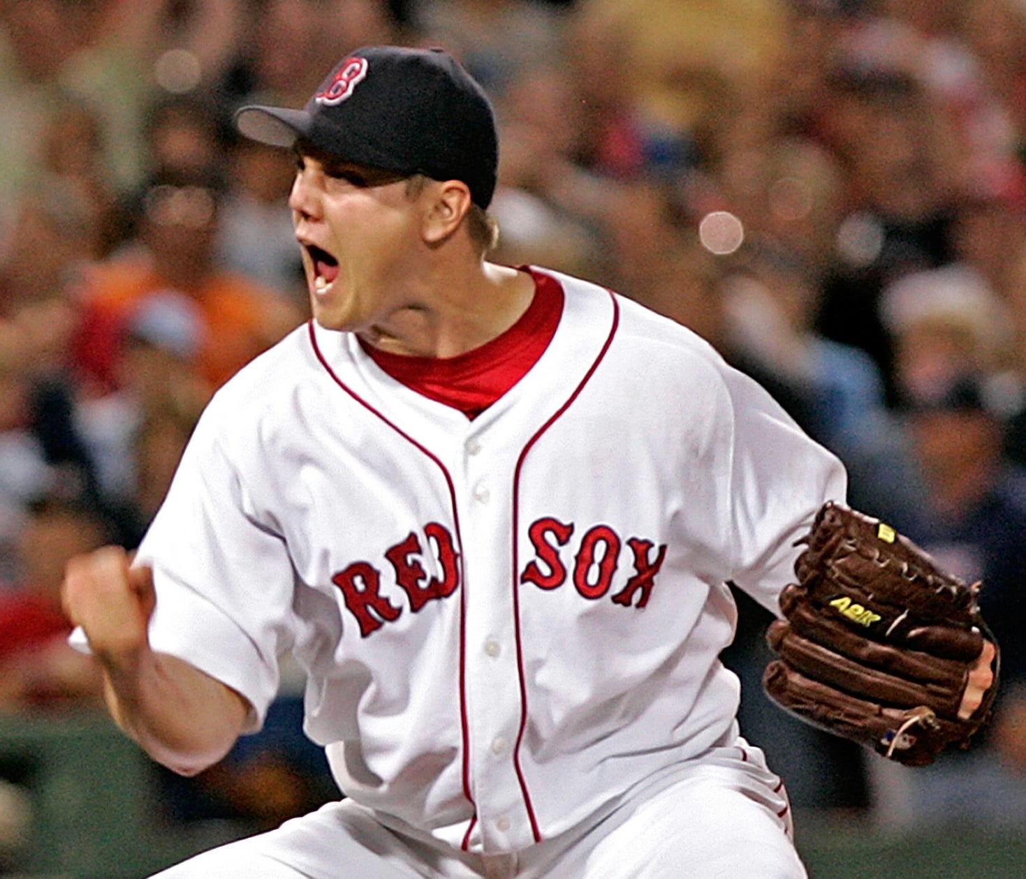 Red Sox closer Jonathan Papelbon celebrates after Michael Young struck out looking to end the game in June, 2007.