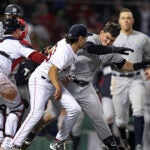 Red Sox pitcher Joe Kelly and the Yankees Tyler Austin fight after Austin charged the mound in the 7th inning. The Boston Red Sox hosted the New York Yankees in a regular season MLB baseball game at Fenway Park.