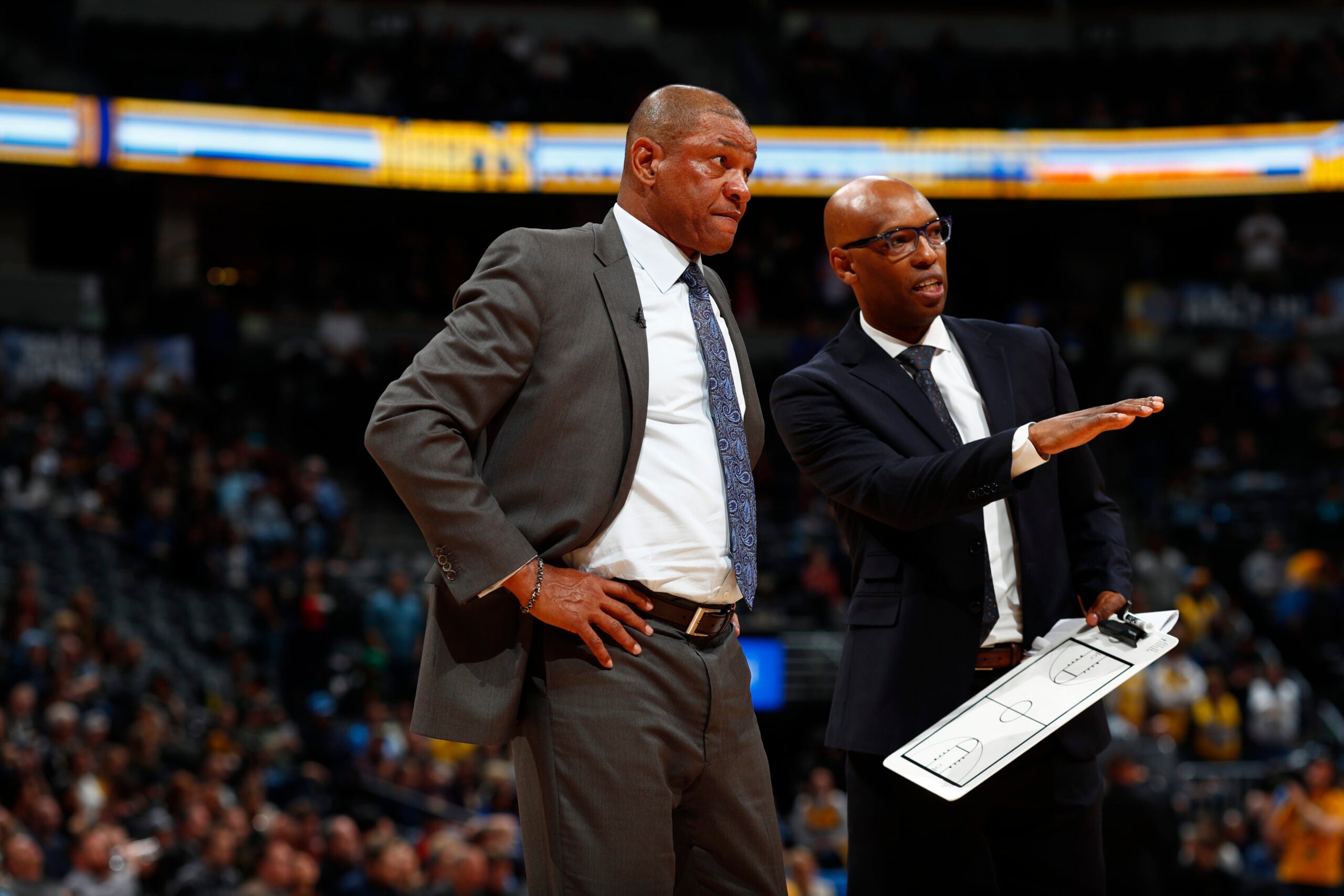 Los Angeles Clippers head coach Doc Rivers and assistant Sam Cassell in the second half of an NBA basketball game Tuesday, Feb. 27, 2018, in Denver. The Clippers prevailed 122-120.
