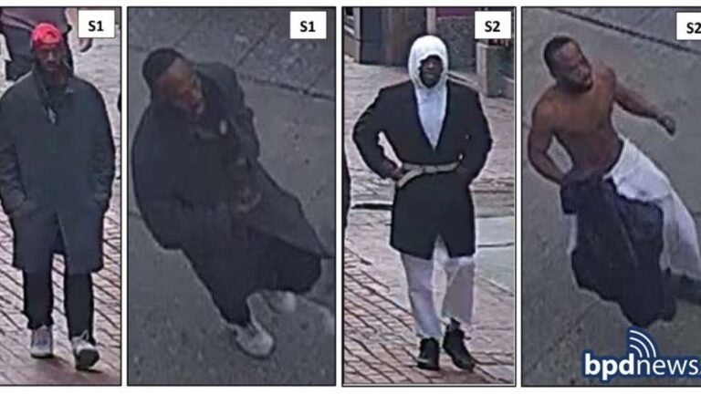 Multiple pictures of two suspects involved in a machete attack