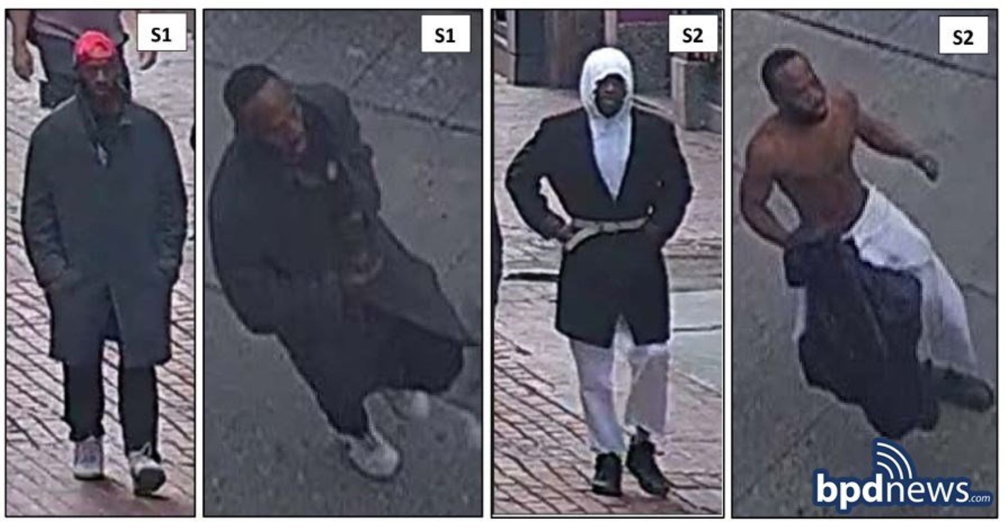 Multiple pictures of two suspects involved in a machete attack