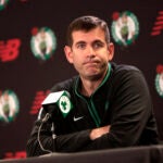 Celtics president Brad Stevens during a press conference at the Auerbach Center in Brighton, MA.