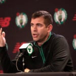 Celtics president Brad Stevens during a press conference at the Auerbach Center in Brighton, MA.