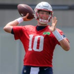 New England Patriots quarterback Mac Jones during their minicamp at Gillette Stadium practice field.