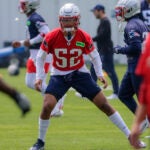 New England Patriots rookie linebacker Marte Mapu during their minicamp at Gillette Stadium practice field.