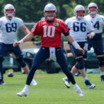 New England Patriots quaterback Mac Jones (10) during their minicamp at Gillette Stadium practice field.