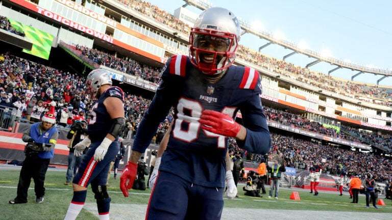 Patriots Kendrick Bourne reacts after his touchdown in the fourth quarter. New England Patriots host the Cincinnati Bengals on Saturday, Dec. 24, 2022 at Gillette Stadium in Foxborough, MA.