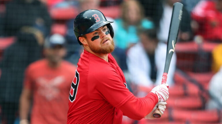 Red Sox second baseman Christian Arroyo watches as his fifth inning double heads to right field.