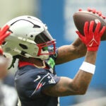 The Patriots held practice at their Gillette Stadium practice field. Jalen Mills catches a pass