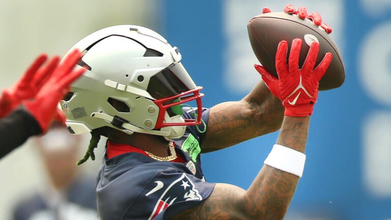The Patriots held practice at their Gillette Stadium practice field. Jalen Mills catches a pass