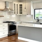 A kitchen with shiny, white subway tile, a gray island with a marble-like countertop, two glass globe pendant lights, stainless steel appliances, open shelving, white Shaker-style cabinets (a few with glass doors), a window with a black frame, black knobs and pulls, wood flooring, and a black faucet. property is hosting an open house