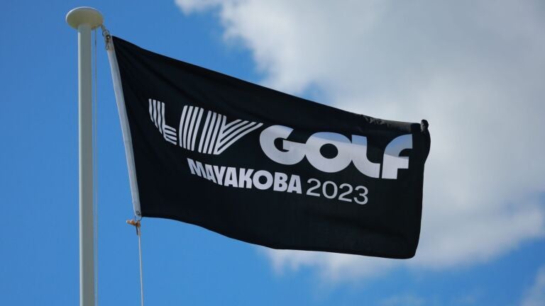 A flag with the LIV Golf logo is seen prior day three of the LIV Golf Invitational - Mayakoba at El Camaleon at Mayakoba on February 26, 2023 in Playa del Carmen.